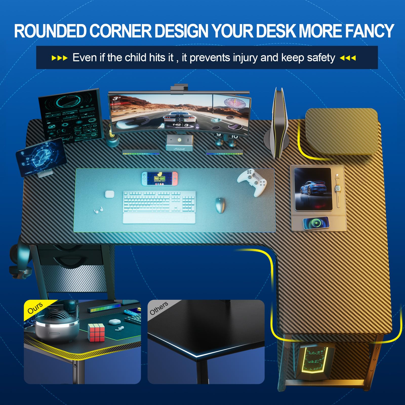 GTRACING L-Shaped Gaming Desk with Drawers - Carbon Fiber Style for Home Office & PC Setup