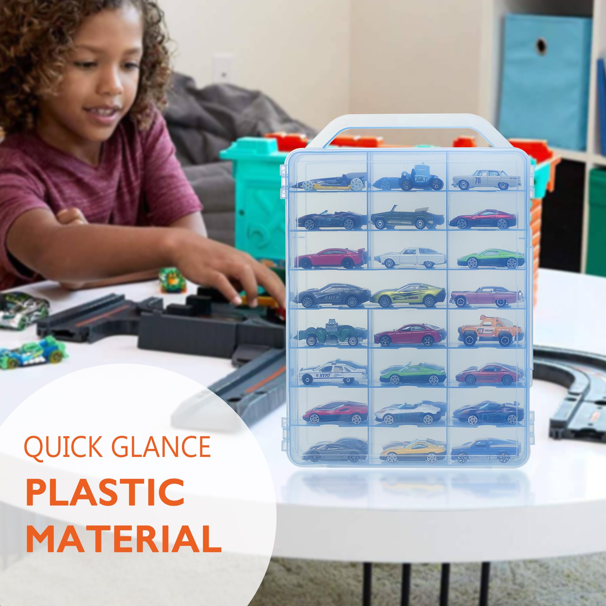 KISLANE Double Sided Car Storage Case for 48 Matchbox Cars, Mini Toys & Small Dolls - Portable Transparent Organizer with 48 Slots (Blue) | Perfect for Kids' Toy Storage, Travel & Playroom Organization