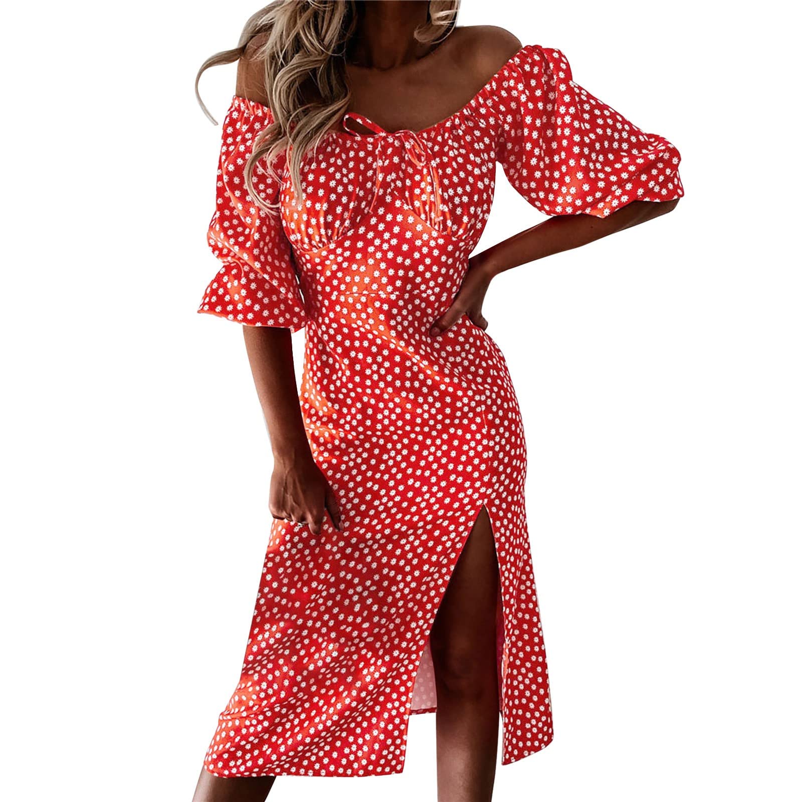 Boho Flowy Cottagecore Puff Sleeve Off Shoulder Summer Dress for Women - Casual Ruffle Midi Long Sun Dress for Beach, Vacation & Outdoor Parties