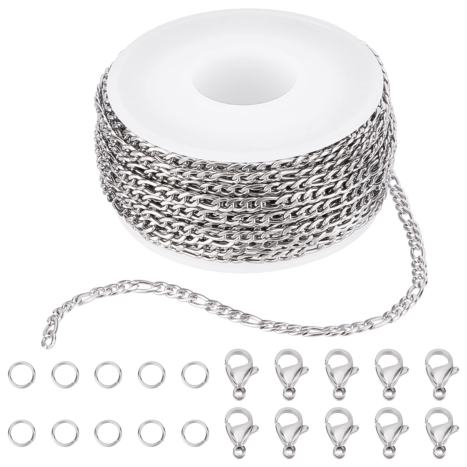 SunnyClue DIY 10M 32.8 Feet 3MM Silver Figaro Chain Roll - Silver Plated Stainless Steel Cable Link Chain Bulk for Jewelry Making, Necklaces, Bracelets, Crafting Supplies - Perfect for DIY Gifts, Fashion Accessories & Home Decor