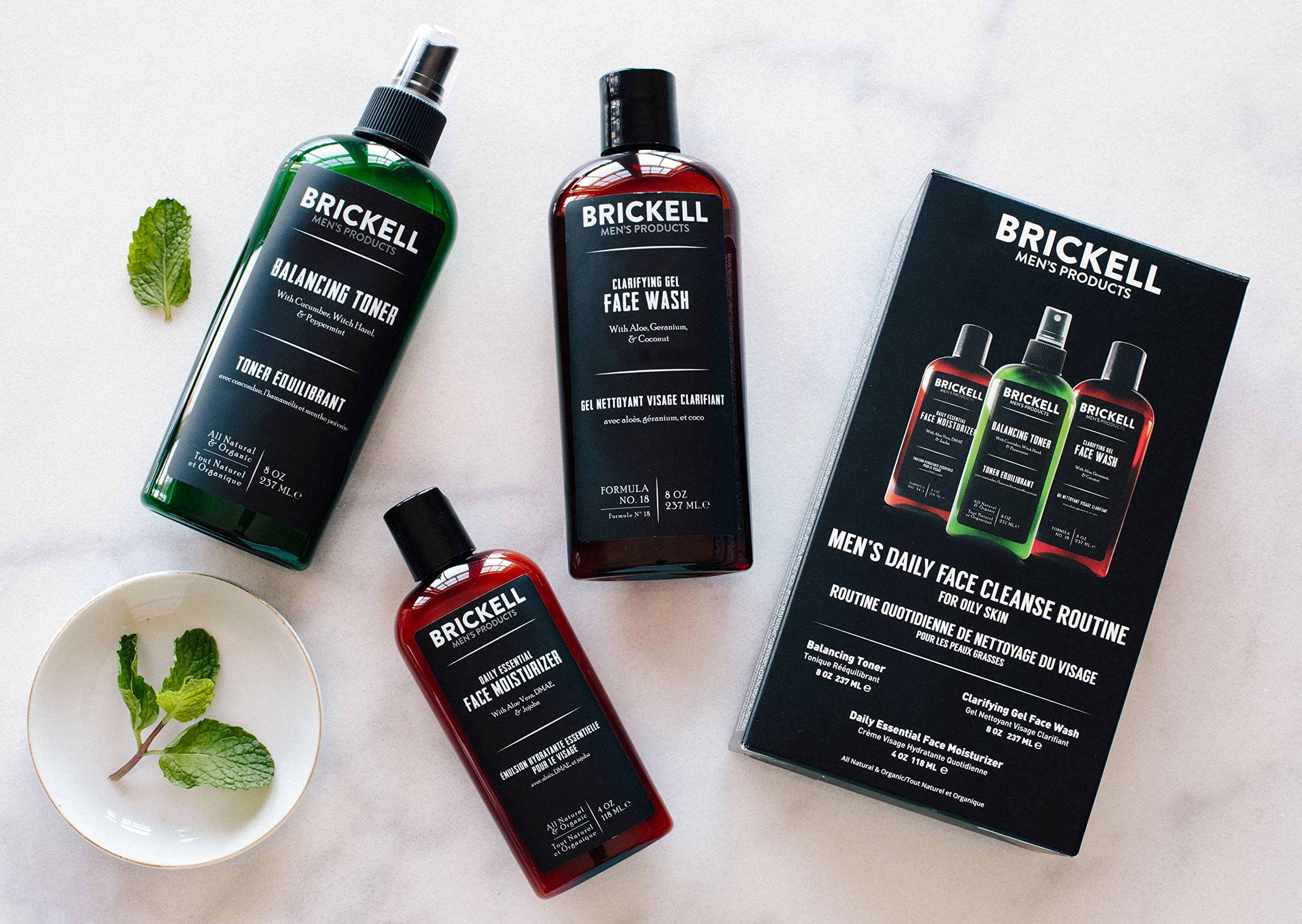 Brickell Men's Daily Face Wash & Moisturizer Set for Oily Skin - Alcohol-Free Toner, Organic Gel Cleanser & Hydrating Cream - Natural Unscented Skincare Routine - Perfect for Morning & Night Facial Care
