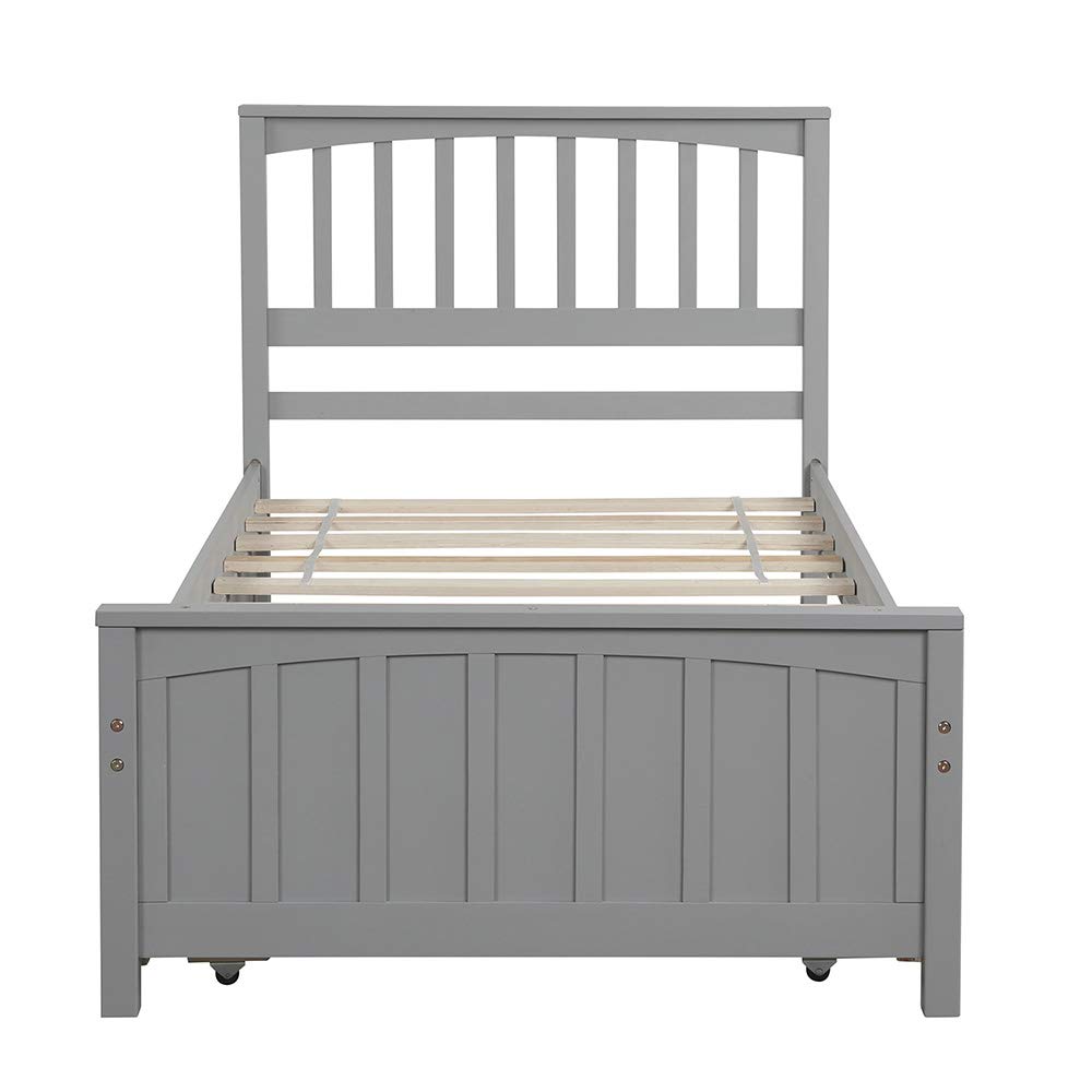Minimalist Twin Platform Bed Frame with Trundle - Easy Assembly Wooden Bed for Teens & Adults - Space Saving Gray Bedroom Furniture for Small Rooms & Guest Rooms