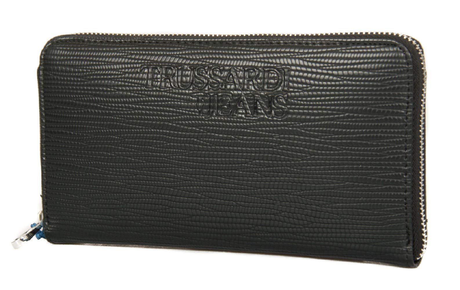 Trussardi Women's Black Saffiano Leather Zip Around Wallet with 3 Pockets - 20.5x11x2.5cm - One Size (Model JEANS 75W00180 T-TOTE) | Perfect for Everyday Use, Travel & Gift Giving