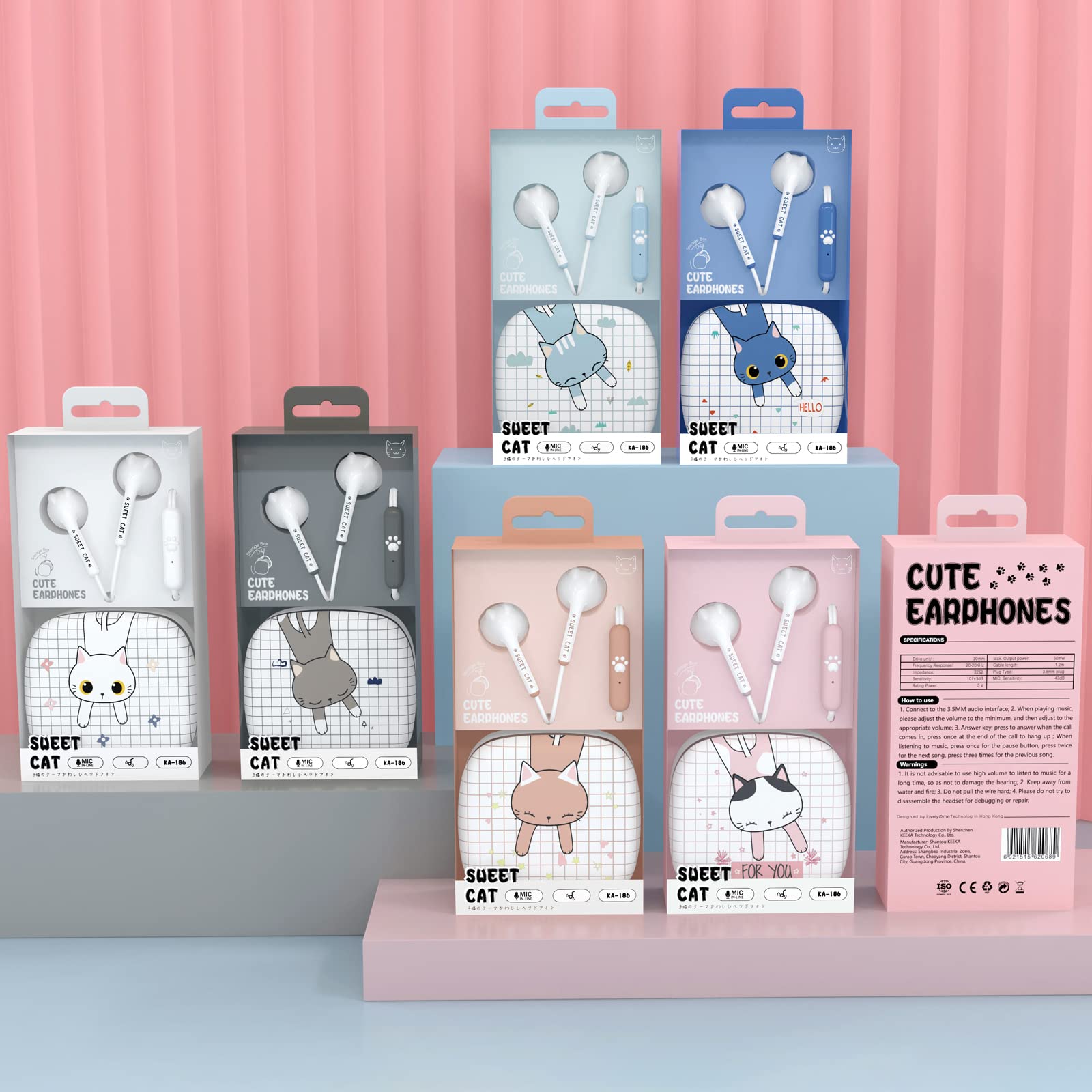 QearFun Cat Earbuds for Kids - Cute Wired Headphones with Microphone & Storage Case (Sky Blue) - Perfect for School, Travel, and Gift Giving for Girls and Boys