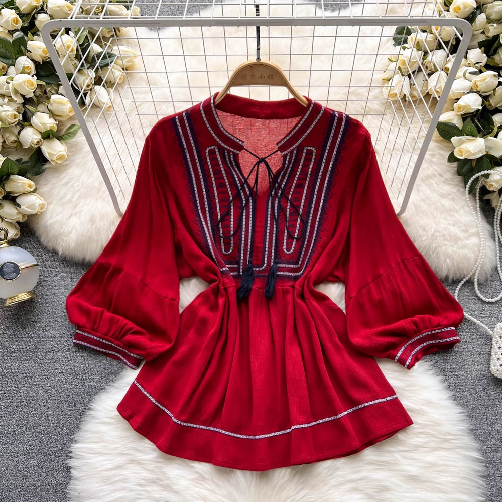 Bohemian Embroidered Tassel Long Sleeve Blouse for Women | Flowy Casual & Festival Top | Perfect for Music Festivals, Beach Vacations & Boho Chic Outfits