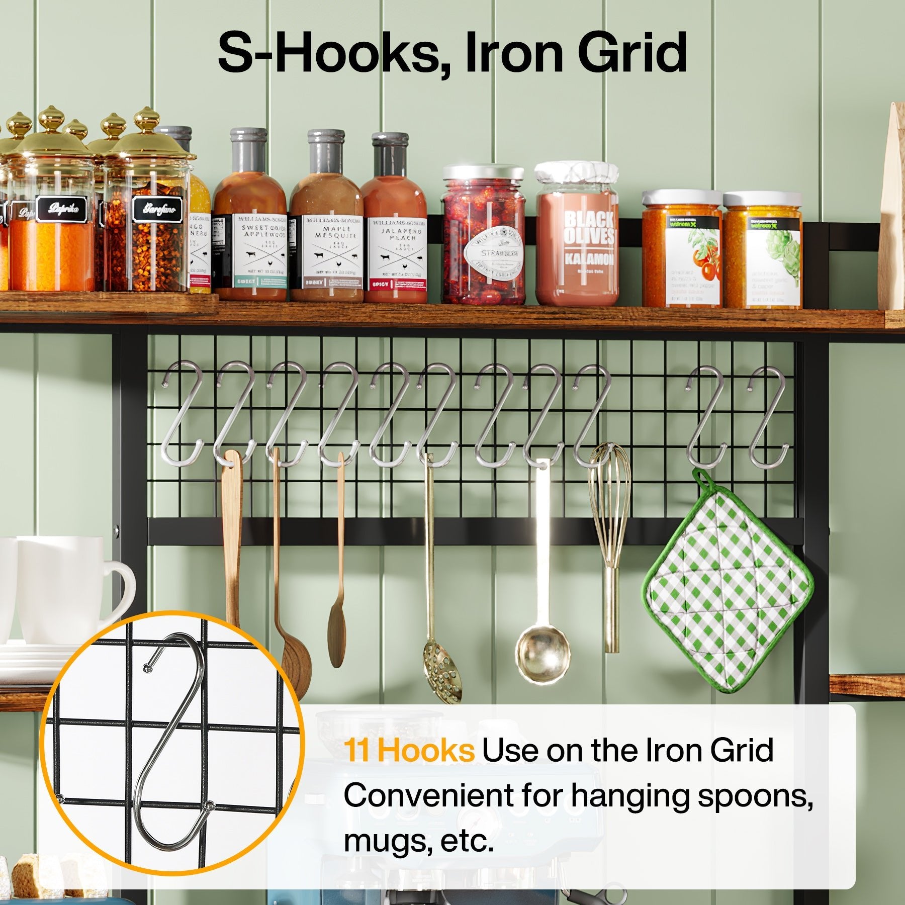 5-Tier Kitchen Baker's Rack with 11 Hooks - 55 Inch Wide Metal Storage Shelf for Spices, Cookware & Baking Supplies - Perfect for Pantry, Garage & Small Space Organization