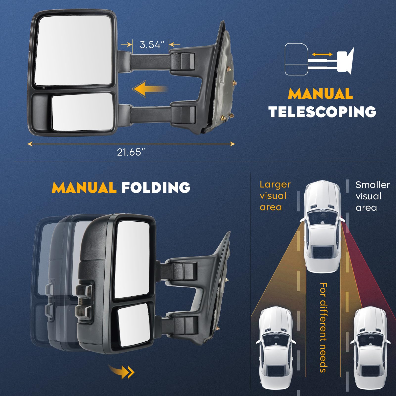 Heavy Duty Towing Mirrors for Ford F-250 F-350 Super Duty (1999-2016) - Power Folding, Telescopic, Turn Signal - Non-Heated (Pair) - Perfect for Trailering, RV Towing & Off-Road Adventures