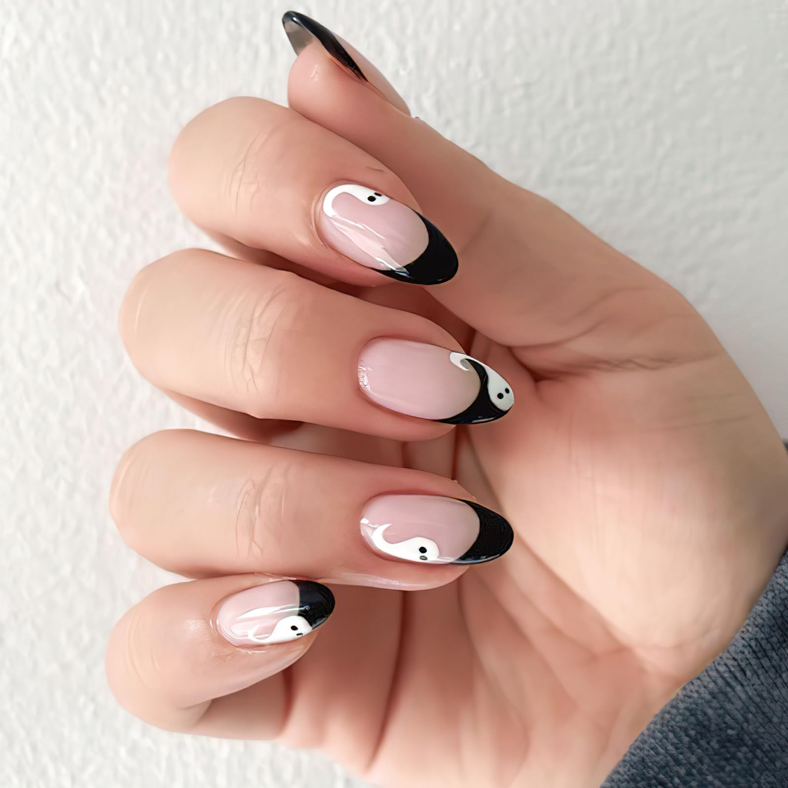 Black French Tip Press on Nails - Medium Almond Fake Nails with White Ghost Designs | Glossy Nude Pink False Nails for Women & Girls | Halloween Manicure Set of 24Pcs | Perfect for Halloween Parties, Costume Events & Spooky Nail Art