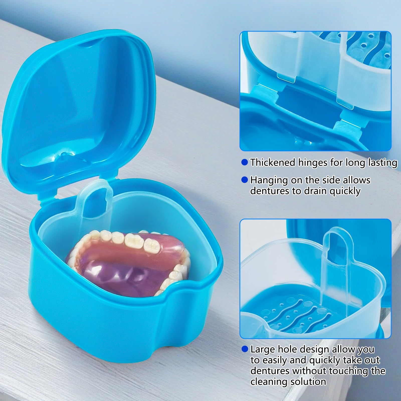Premium Denture Soaking Cup with 2 Cleaning Brushes - Denture Holder Case for Partial Dentures & Retainers - Blue & Dark Blue Dental Care Solution for Nighttime Soaking & Travel Storage