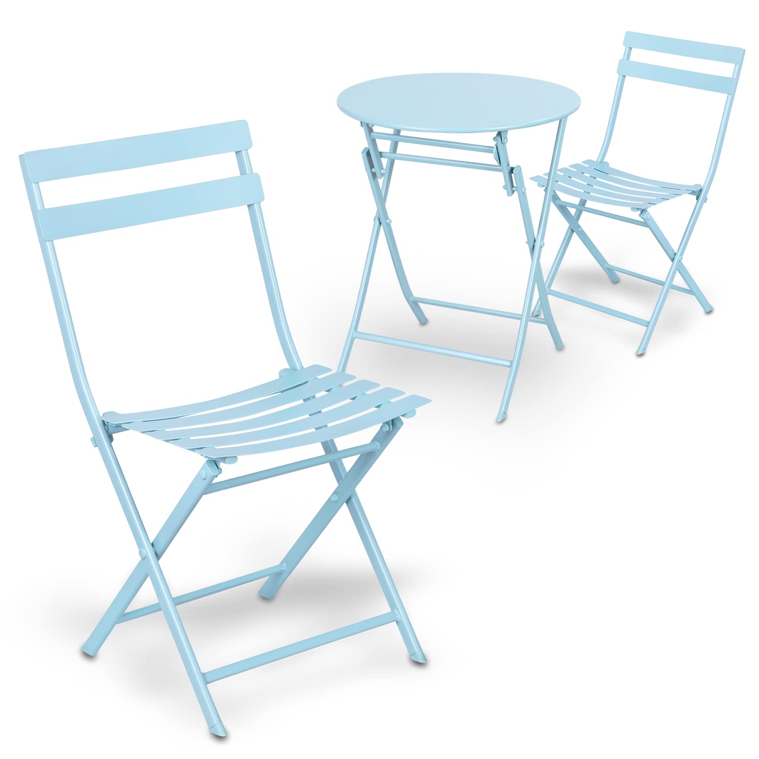 MoNiBloom 3-Piece Outdoor Bistro Set - Foldable Metal Patio Furniture with Round Table & Chairs for Porch, Yard, Balcony, Garden - Blue | Perfect for Small Spaces, Coffee Breaks & Outdoor Dining