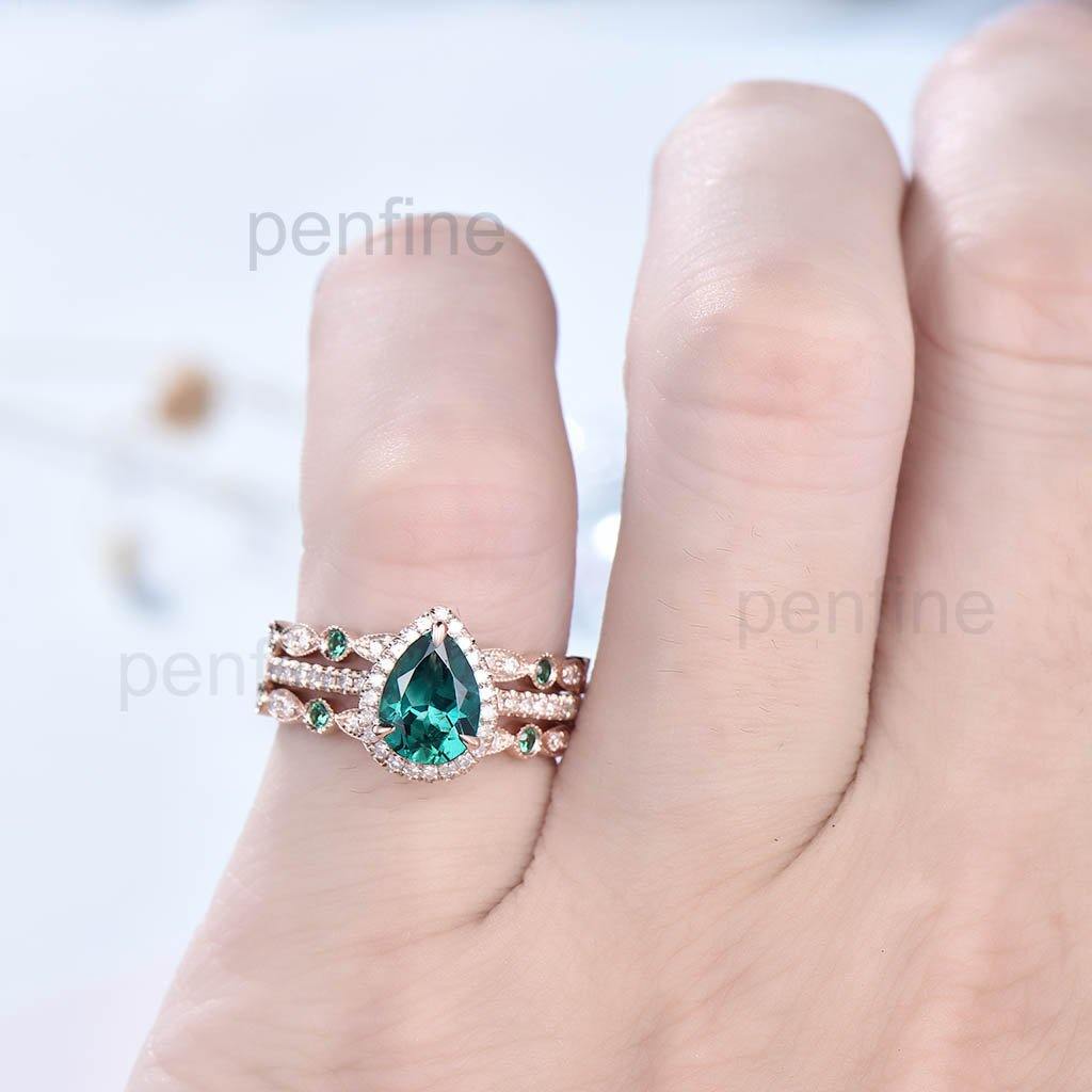 Classic Pear Emerald Diamond Engagement Ring Set with Matching Band - 3 Piece Bridal Jewelry Set for Proposals, Weddings & Anniversaries