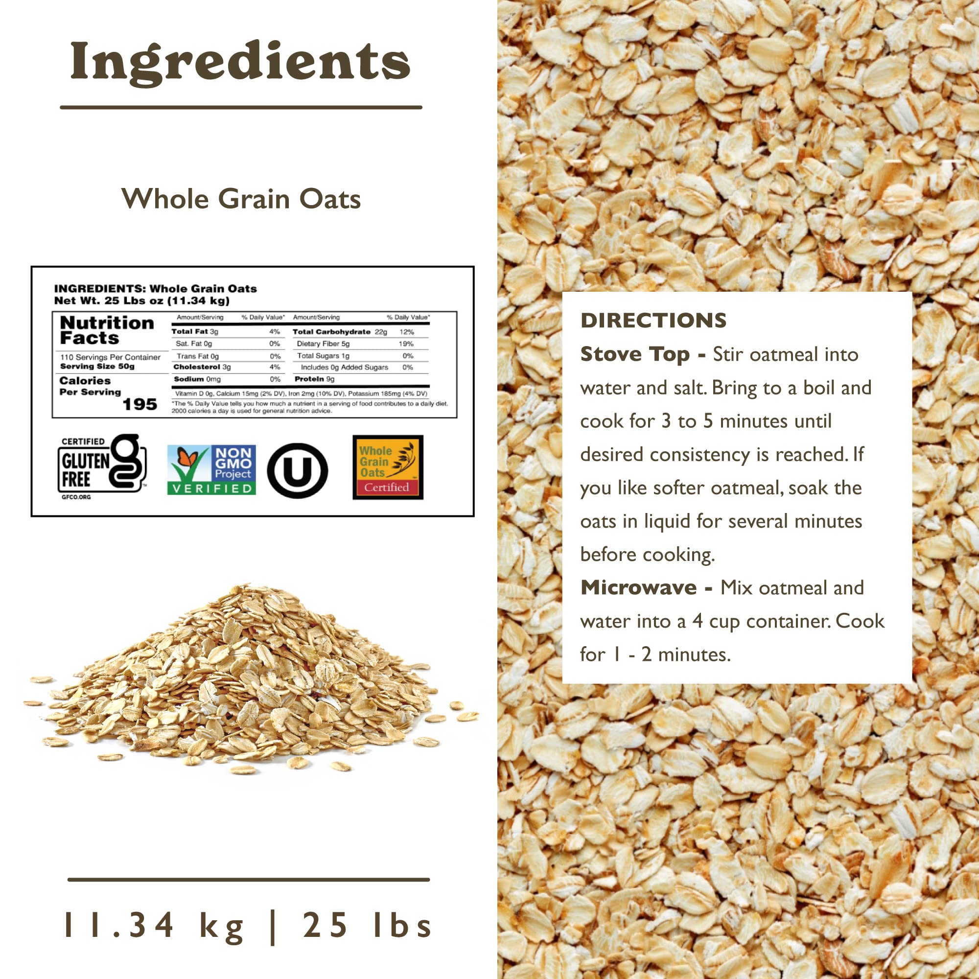 Organic GF Harvest Gluten-Free Rolled Oats - 25 lb Bulk Bag | Non-GMO, Whole Grain, High Fiber Breakfast Oatmeal for Baking, Smoothies & Healthy Recipes (Perfect for Pancakes, Granola & Overnight Oats)