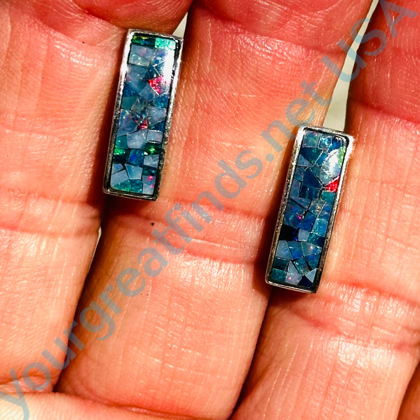Sterling Silver Pierced Post Bar Earrings with Opal Chip Mosaic - Elegant Dainty Jewelry for Women, Perfect for Everyday Wear, Parties & Special Occasions
