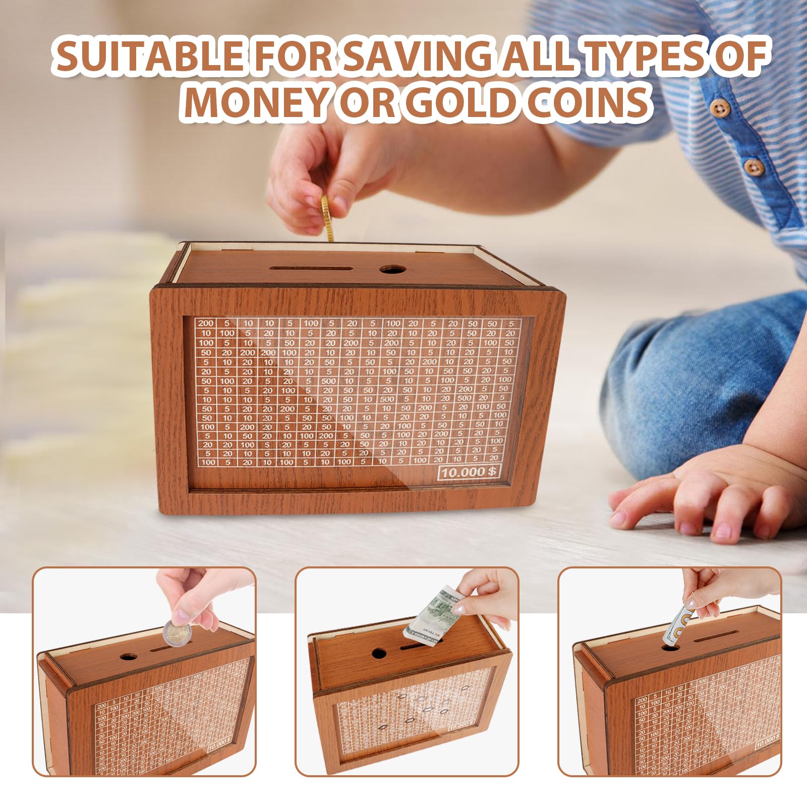 Wooden Cash Vault Savings Box with Money Target & Numbers - 10,000 Dollar Capacity Money Bank for Cash Saving - Perfect Gift for Friends & Family - Ideal for Home Savings, Piggy Bank Alternative, and Financial Goal Tracking