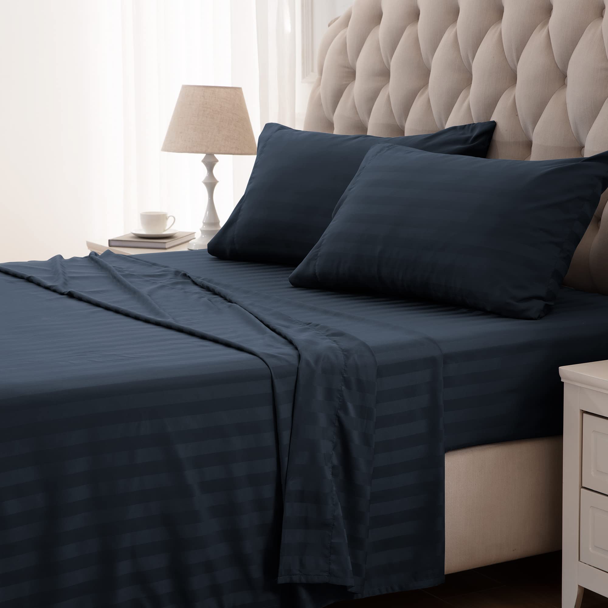 Cooling Queen Size 4-Piece Sheet Set - Super Soft Striped Fitted & Flat Sheets with Pillowcases - Breathable, Easy Care, Deep Pocket - Navy Blue - Perfect for Hot Sleepers & Summer Nights