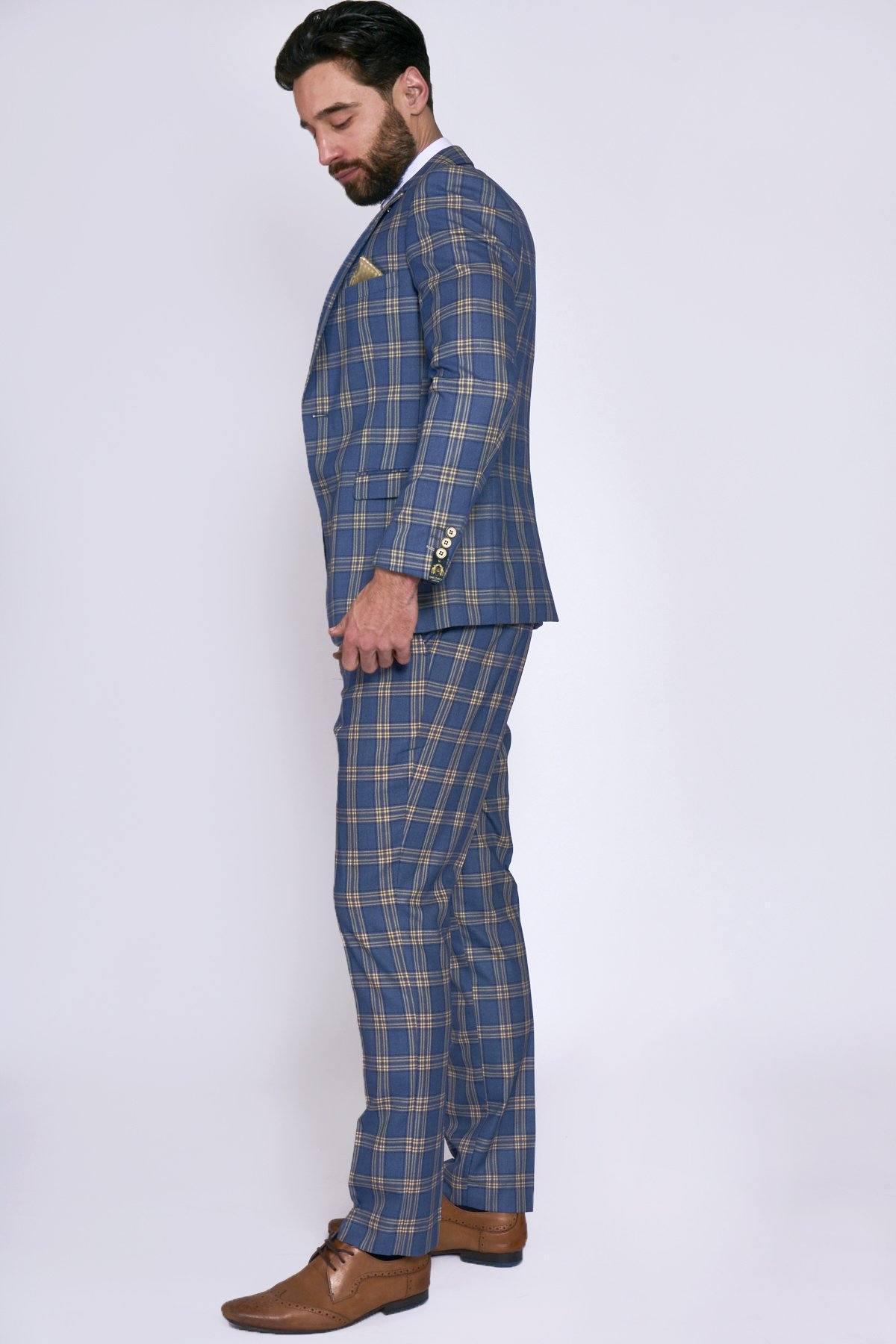 TONY Blue and Yellow Checkered Suit with Single Breasted Waistcoat - Perfect for Weddings, Business Meetings & Formal Events