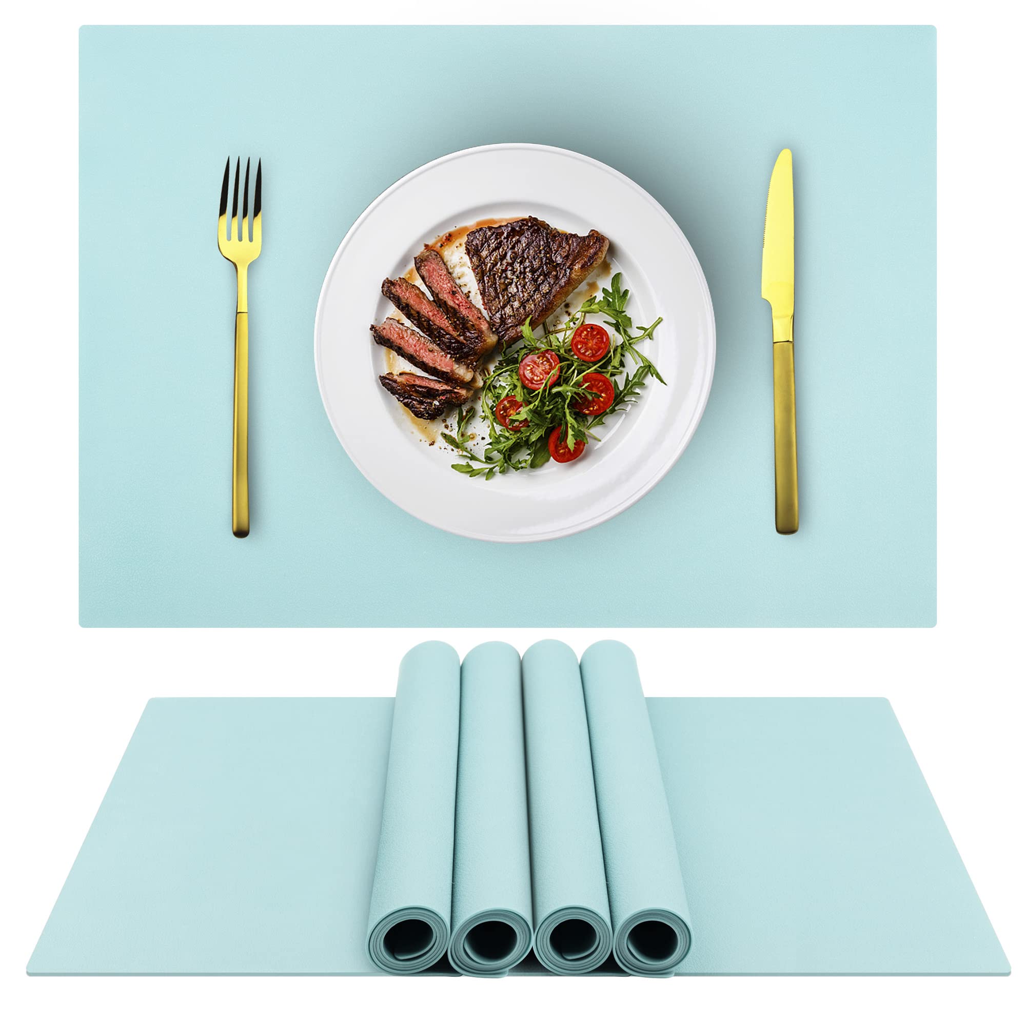 Premium Non-Slip Silicone Placemats for Dining Table - Waterproof, Heat Resistant & Washable - Perfect for Kids, Indoor & Outdoor Use - Ideal for Patio Tables, Kitchen Countertops & Picnics (17.6×12.5 Inches, Light Blue)
