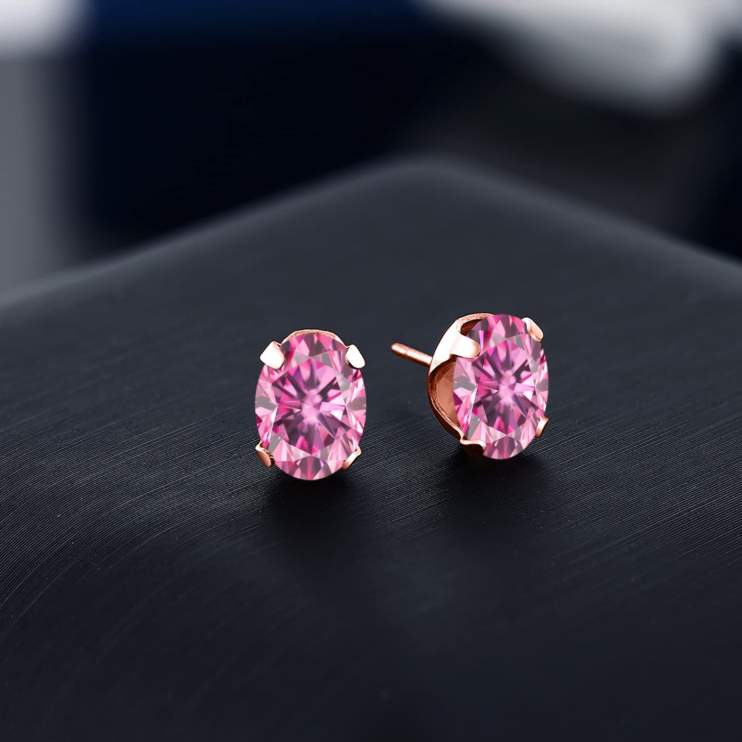 18K Rose Gold Plated Silver Stud Earrings with Pink Oval Moissanite (2.76 CTTW) - Unisex Jewelry for Women & Men | Perfect for Weddings, Anniversaries & Everyday Wear