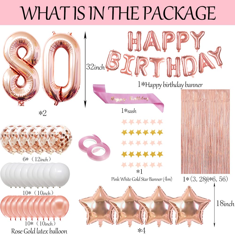 80th Birthday Party Decorations Set - Rose Gold Happy Birthday Banner, Sash & Number 80 Balloons for Women's Milestone Celebration | Latex Confetti Balloons, Perfect for Birthday Parties, Anniversaries & Retirement Events