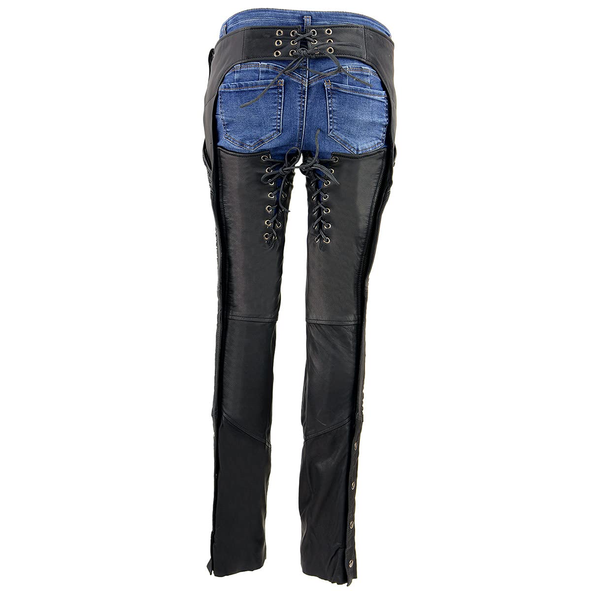Milwaukee Women's Black Lightweight Goat Skin Motorcycle Chaps with Crinkled Stripes & Reflective Design - MLL6501 | Perfect for Riding, Biker Events & Outdoor Adventures