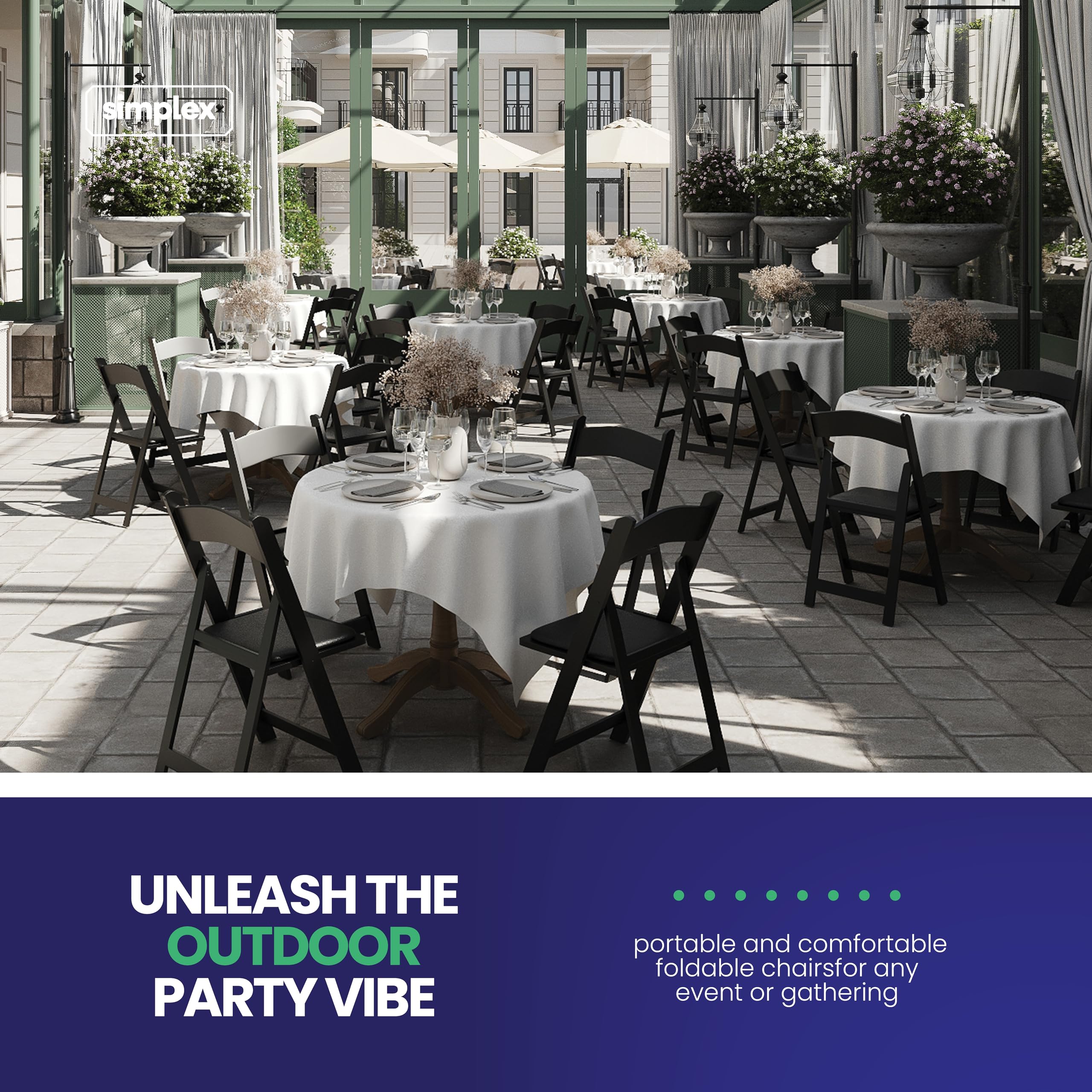 **SIMPLEX 4-Pack Black Resin Stackable Folding Chairs with Padded Seats - Comfortable & Lightweight Foldable Chairs for Indoor/Outdoor Use - Perfect for Parties, Weddings, Picnics & Events**