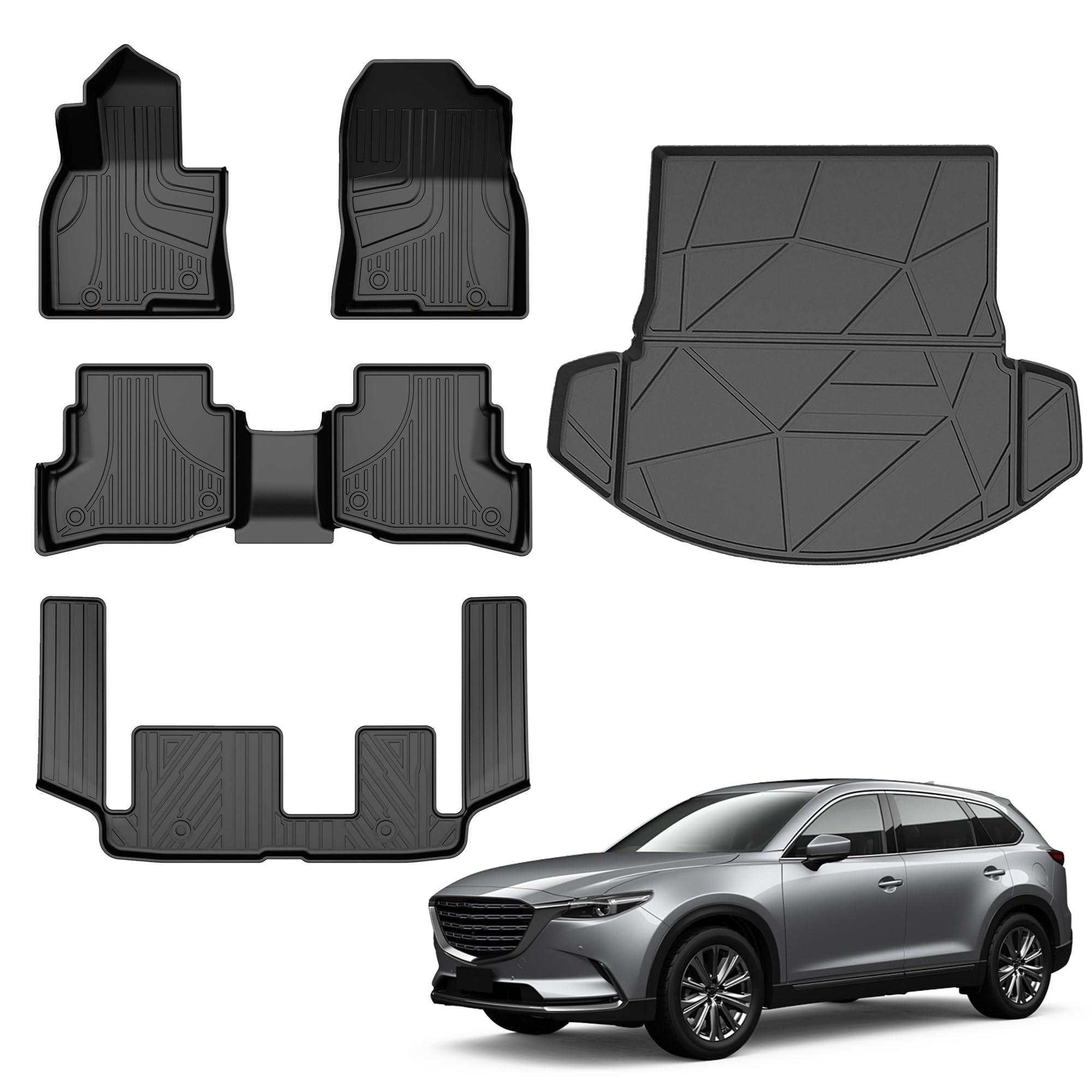 Premium All-Weather Floor Mats & Trunk Liner Set for 2016-2023 Mazda CX-9 (7-Seater) - Heavy Duty Car Mats for 1st & 2nd Row - Perfect for Road Trips, Family Travel & Outdoor Adventures