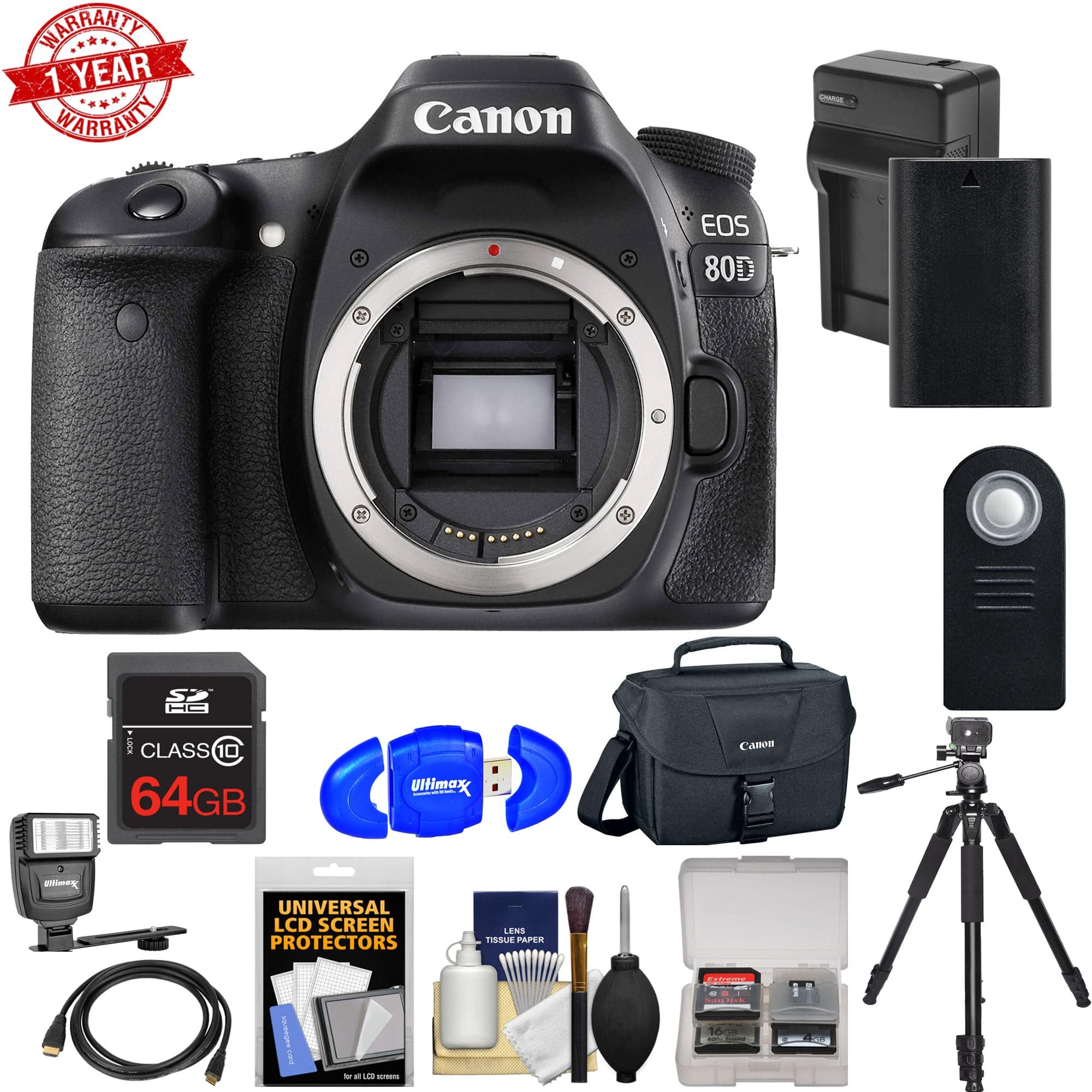 Canon EOS 80D WiFi Digital SLR Camera Body with 64GB Memory Card, Extra Battery & Charger, Carrying Case, Speedlite Flash, Tripod - Professional DSLR Bundle for Photography, Vlogging & Travel