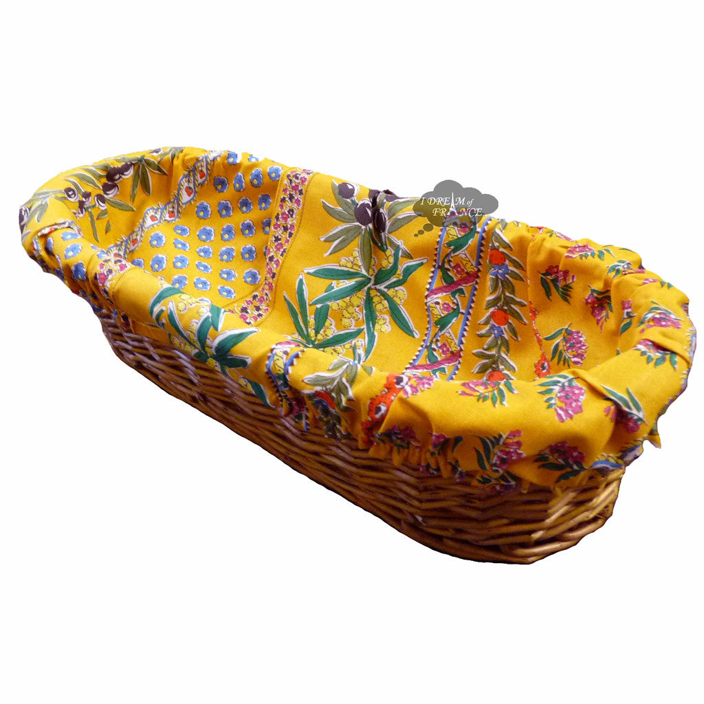 Le Cluny French Baguette Bread Basket with Removable Liner - Yellow Olive Design for Rustic Kitchen & Dining Table Decor