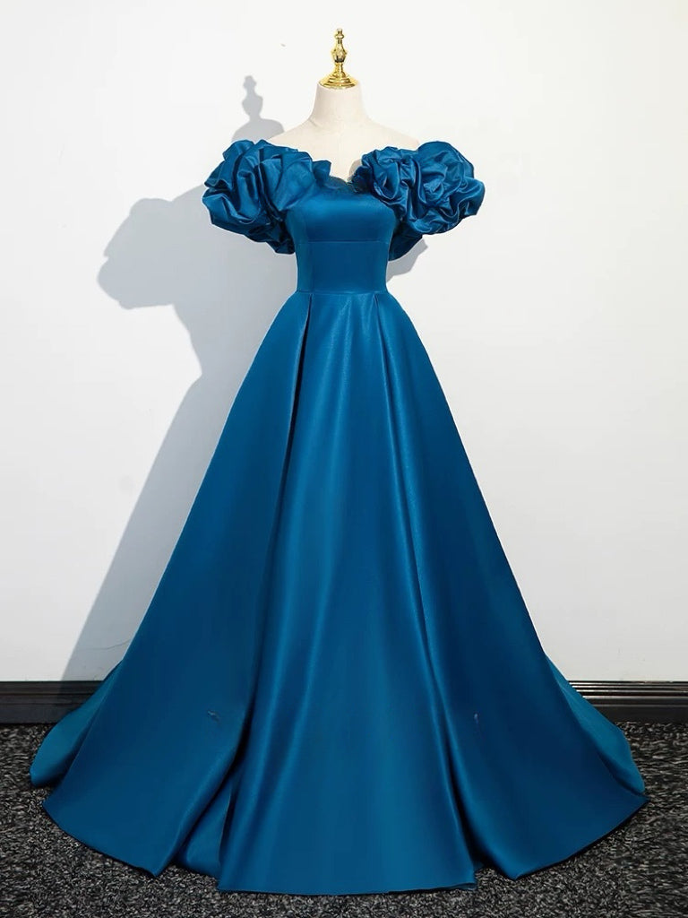 Elegant Off Shoulder A-Line Satin Blue Long Prom Dress for Women - Perfect for Formal Events, Evening Gala & Special Occasions