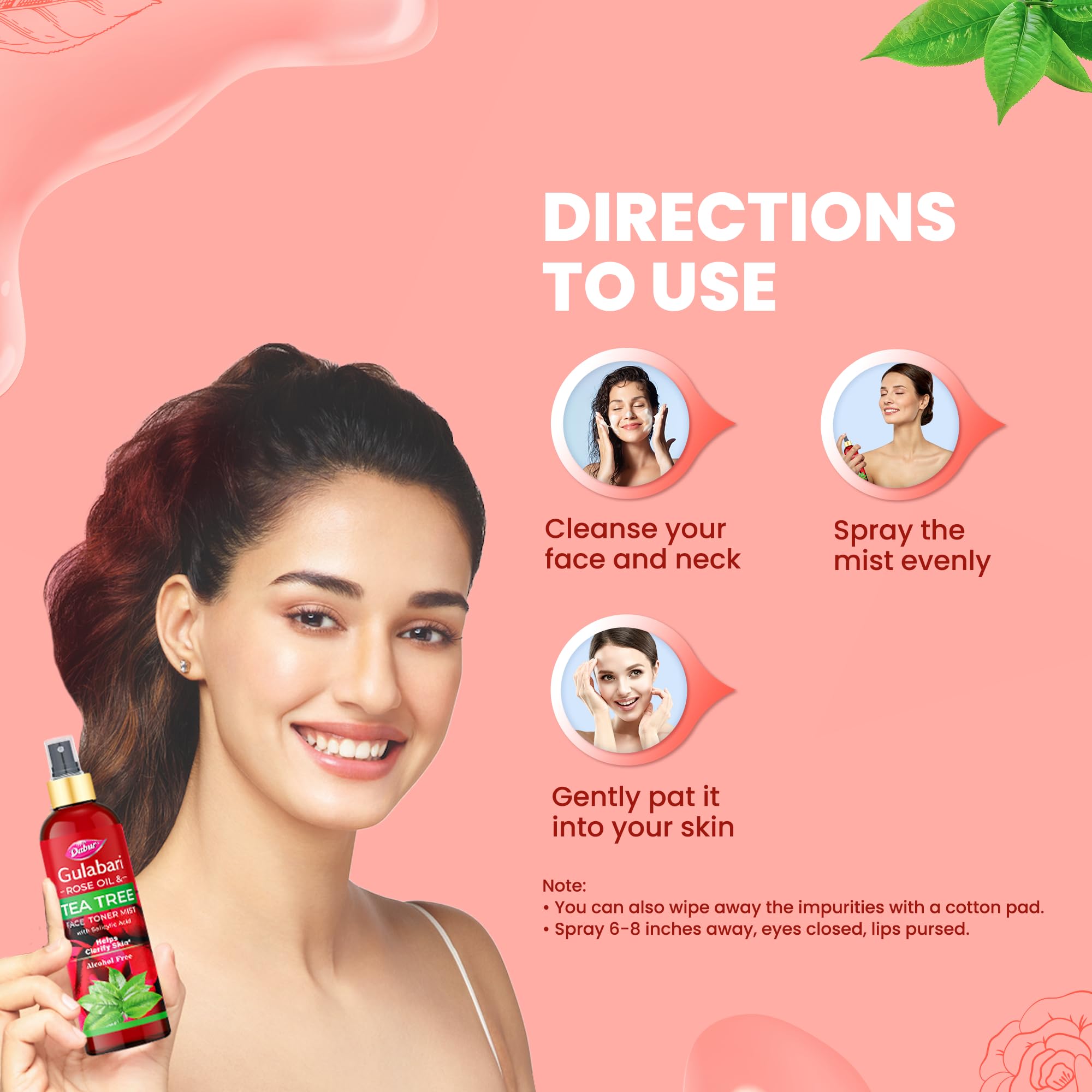 Dabur Gulabari Rose Oil & Tea Tree Face Toner Mist with Salicylic Acid - 200ml Alcohol-Free Skincare | Acne Treatment for Breakouts, Blackheads & Whiteheads | Pore Minimizer & Refiner | Perfect for Daily Use, Travel & On-the-Go Refreshment