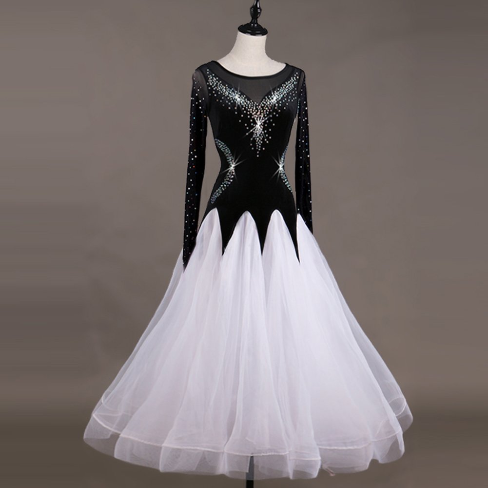 Elegant Ballroom Dance Dresses for Women - Sparkling Crystals Long Sleeve Performance Dress with Stretchy Spandex - Perfect for Latin, Waltz & Competition Dancing