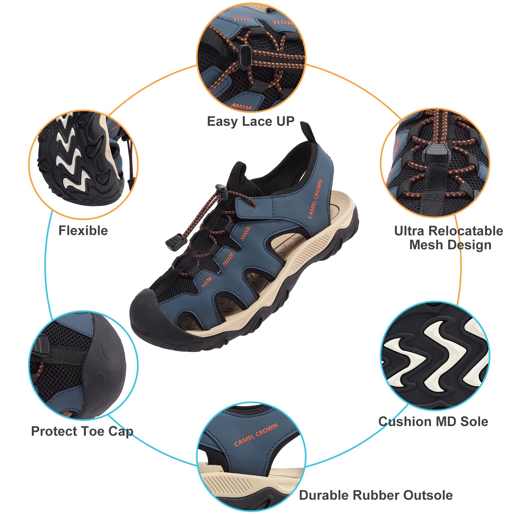 CAMEL CROWN Men's Hiking Sandals - Anti-Slip Water Shoes with Arch Support for Beach & Camping