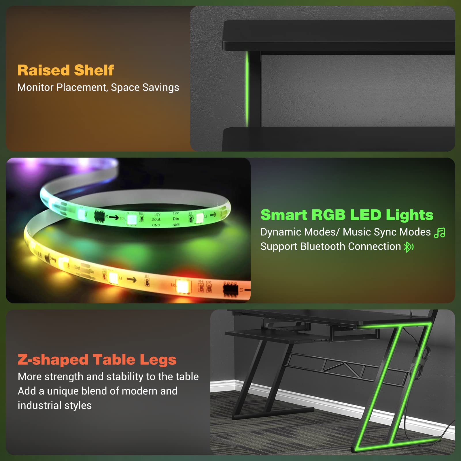 Armocity Music Studio Desk with Power Outlets & RGB LED Lights - Professional Recording Studio Workstation for Music Producers, DJs & Home Studios - Matte Black Design for Home & Professional Music Production Spaces