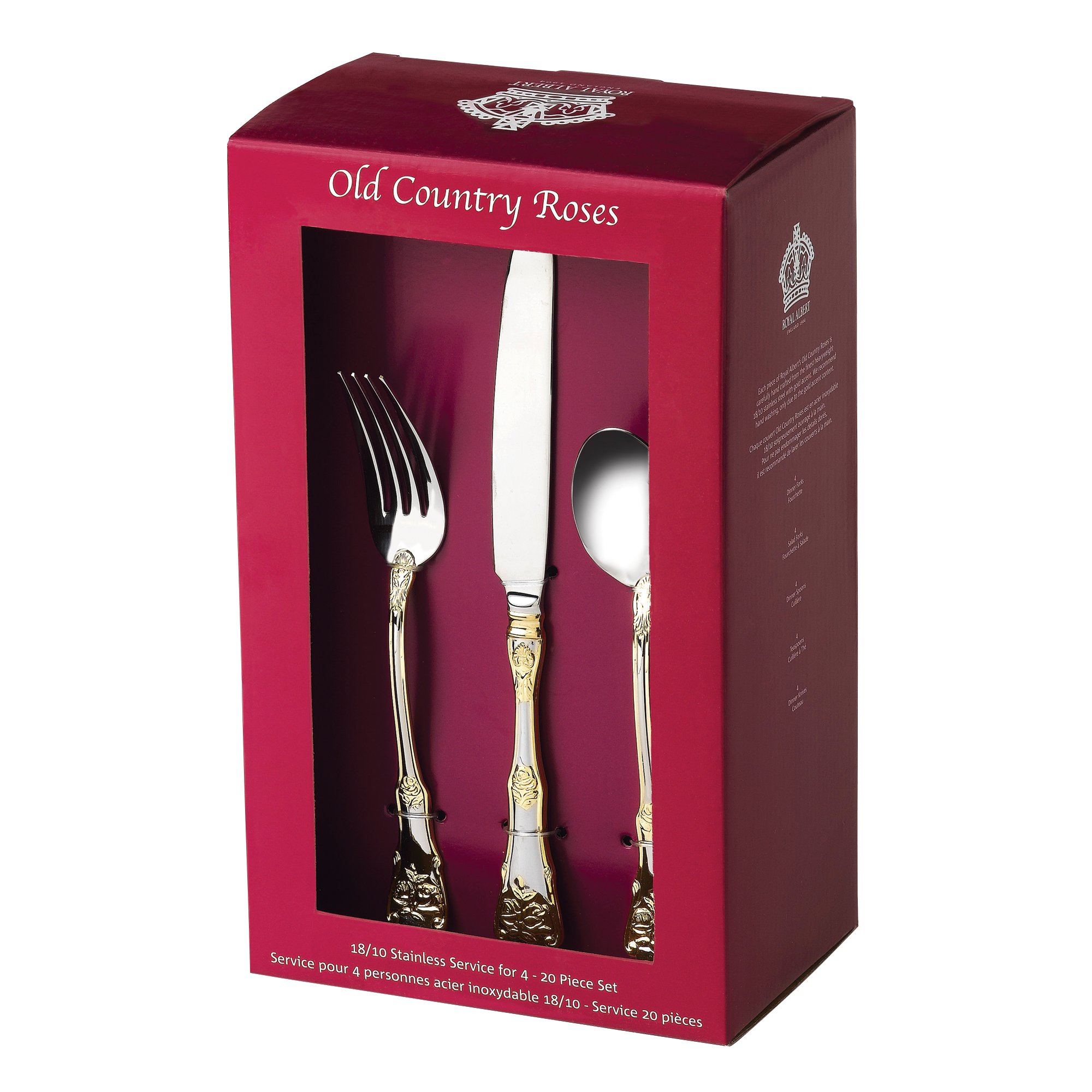 Royal Albert Old Country Roses 20-Piece Stainless Steel Flatware Set - Elegant Dinnerware for Weddings, Anniversaries & Formal Dining