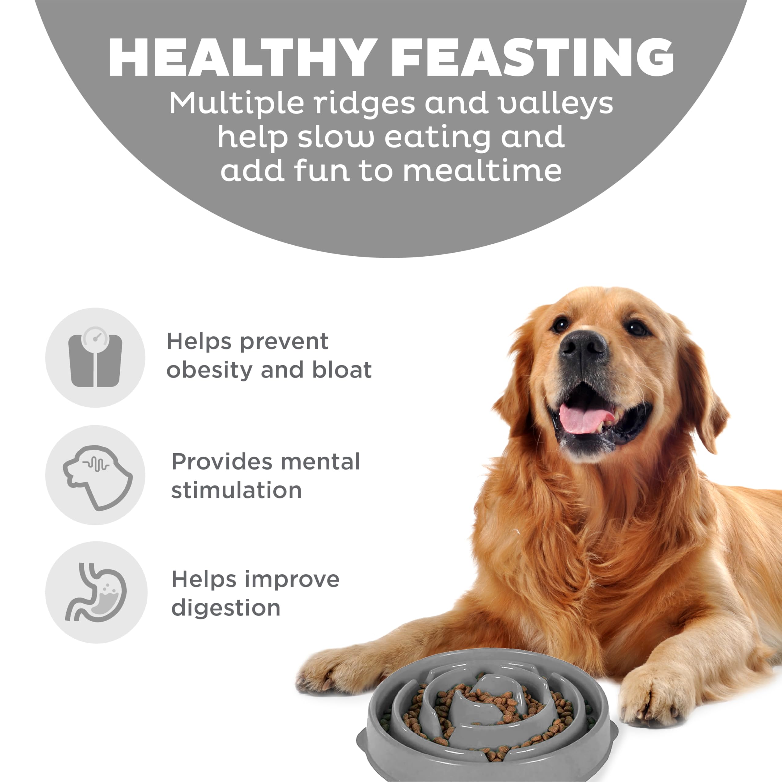 Outward Hound Fun Feeder Slo Bowl - Large Slow Feeder Dog Bowl (4 Cups, Gray) - Perfect for Fast Eaters & Digestive Health - Great for Mealtime Enrichment & Portion Control