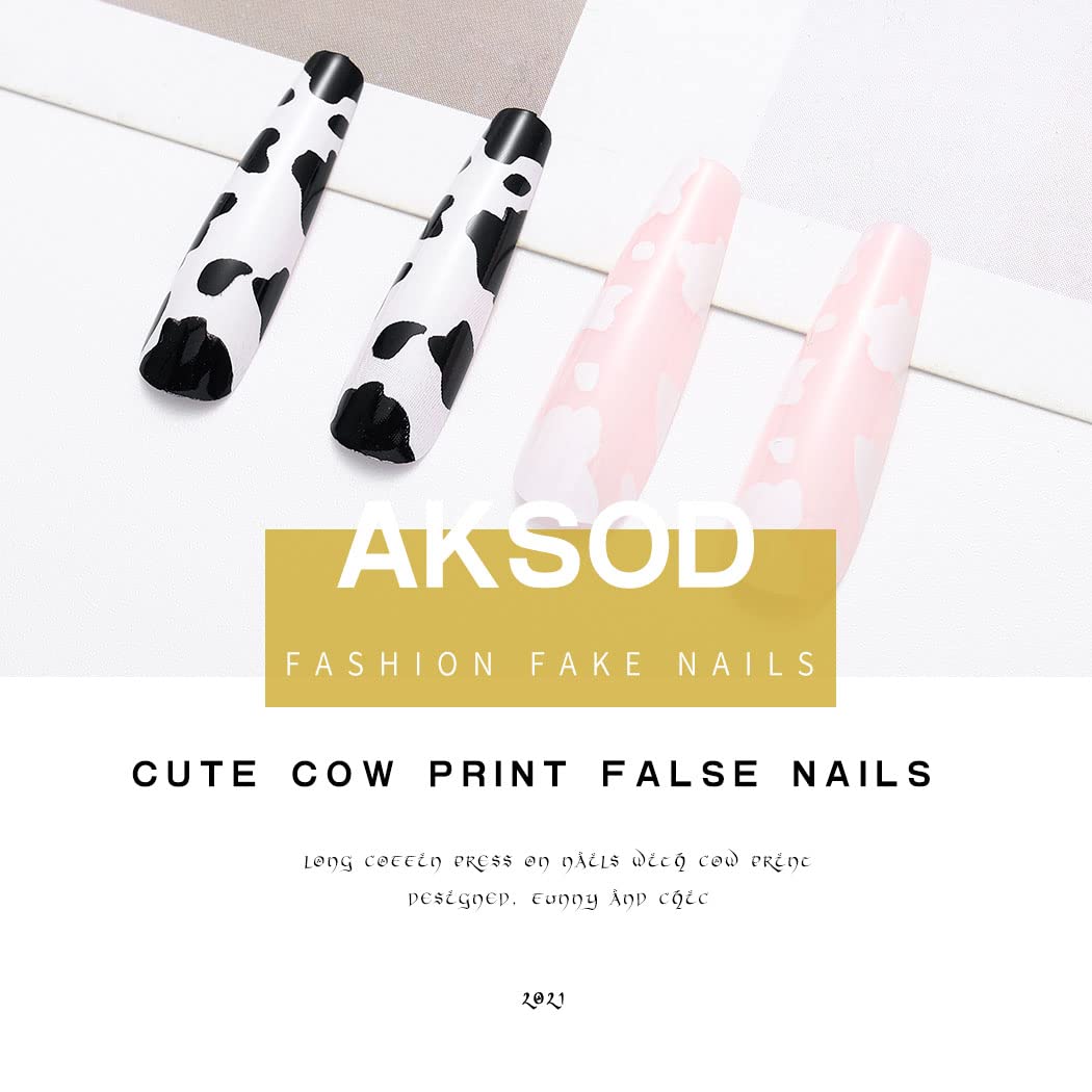 Aksod Long Coffin Press on Nails - Glossy Black Spot Fake Nails, Ballerina Full Cover Acrylic False Nails Tips for Women and Girls (24Pcs) - Perfect for Parties, Weddings, and Special Occasions