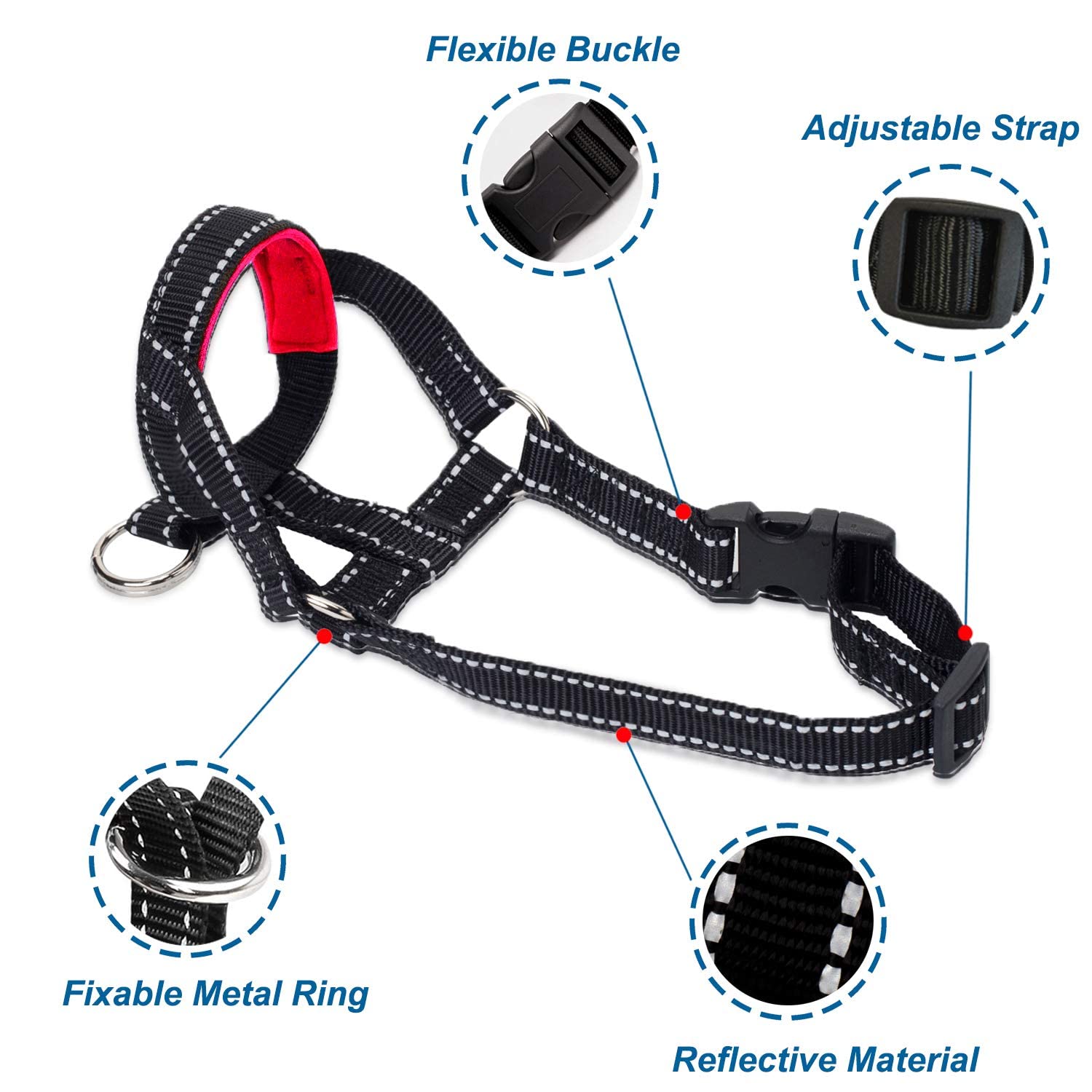 Reflective Dog Head Halter with Safety Strap - No-Pull Training Collar for Small, Medium & Large Dogs (Medium, Red) - Perfect for Walking, Jogging & Nighttime Safety