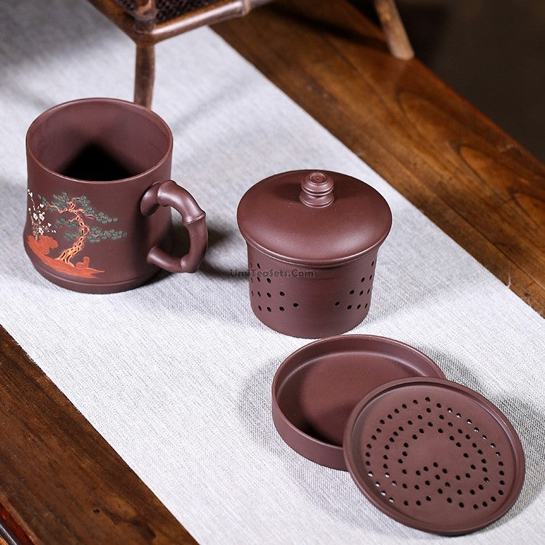 Premium Yixing Clay Tea Cup with Stainless Steel Infuser & Bamboo Stand - Perfect for Loose Leaf Tea, Chinese Tea Ceremony & Home Brewing