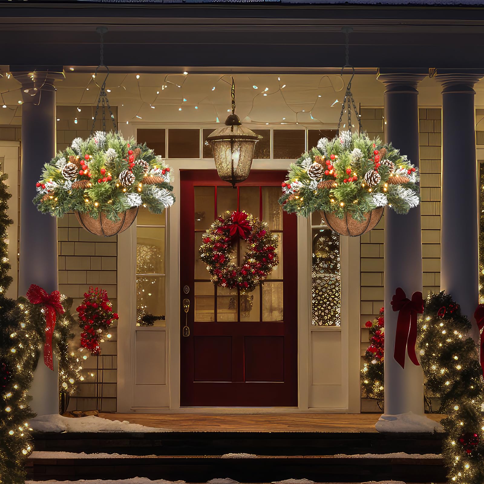 30 LED Artificial Christmas Hanging Basket with Berry Clusters - 20 Inch Outdoor Christmas Decor for Front Porch, Garden & Patio | Perfect for Holiday Parties & Festive Home Decoration