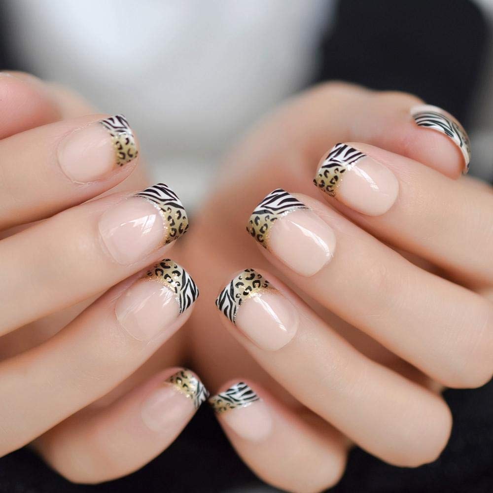 HUJL False Nails - 24pcs French Natural Fake Nails with Adhesive Guide, Classic Leopard & Zebra Pattern Nail Art - Perfect for Parties, Weddings & Daily Wear