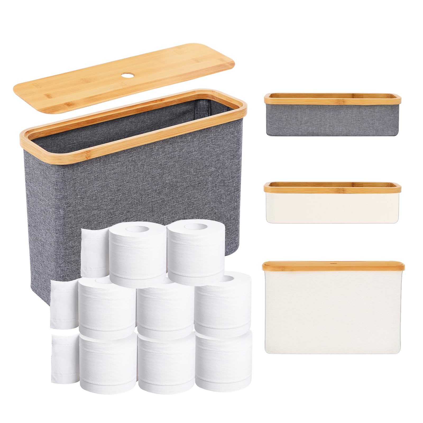 Wooha Bamboo Toilet Paper Storage Organizer - Collapsible Bathroom Tissue Holder Basket for Bathroom & Vanity | Space-Saving Toilet Paper Dispenser | Perfect for Small Bathrooms, RVs & Apartment Living (Gray)