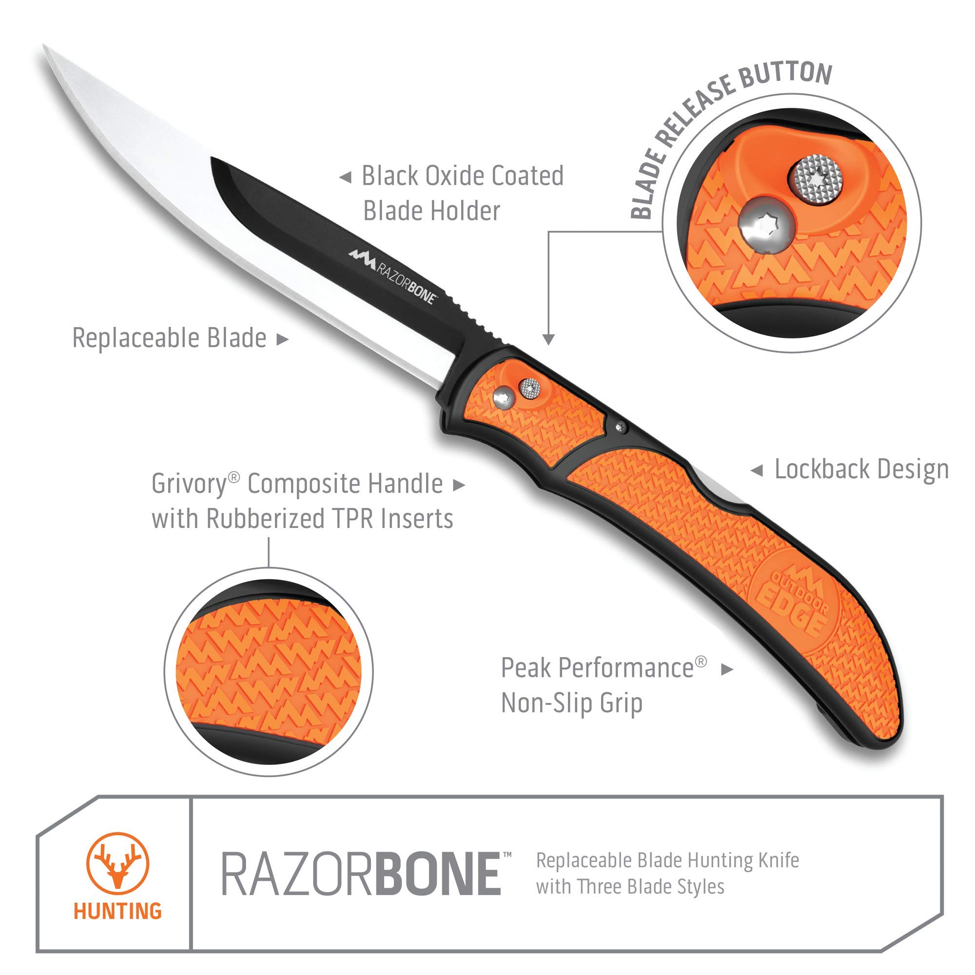 OUTDOOR EDGE RazorBone Replaceable Blade Folding Hunting Knife with Clip & Sheath - 3 Blade Styles (Boning, Gutting, Skinning) | Blaze Orange Handle, Camo Sheath, 6 Blades & Storage Box | Ideal for Hunting, Camping, Field Dressing & Outdoor Survival