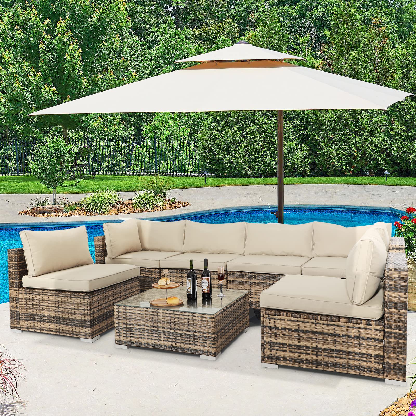 LEISU 7-Piece All-Weather Outdoor Sectional Sofa Set with Cushions - Patio Furniture Conversation Set for Garden, Poolside & Backyard Relaxation