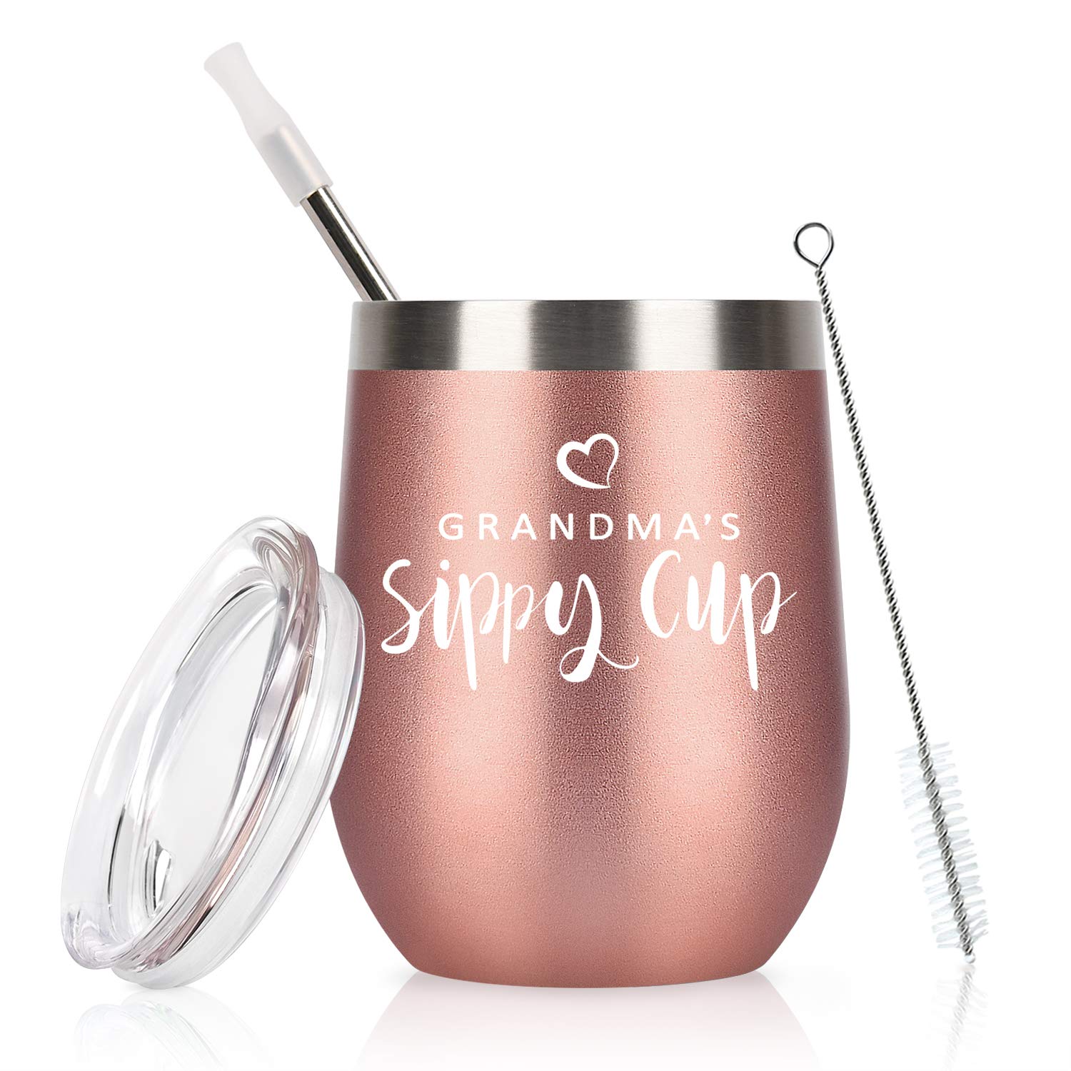 12oz Insulated Stainless Steel Wine Tumbler with Lid & Straw - Rose Gold Grandma's Sippy Cup - Perfect Birthday & Mother's Day Gift for Grandmother, Nana - Great for Wine Tasting, Picnics & Relaxing at Home