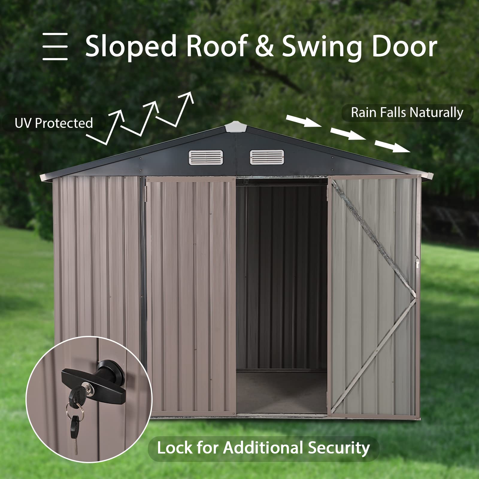 Verano Garden 8'x6' Galvanized Steel Outdoor Storage Shed - Double Lockable Doors for Bike, Lawn & Patio Storage | Weather-Resistant Metal Garden Shed (96.65