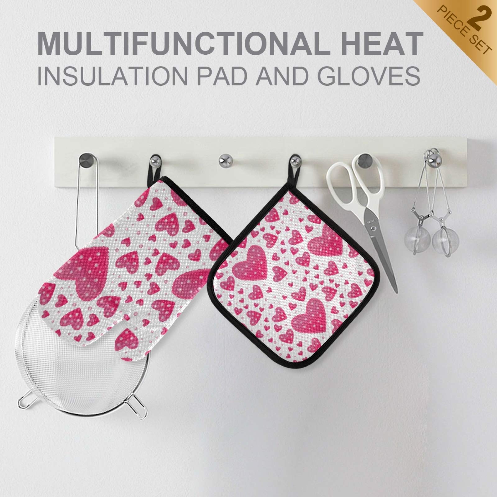 Valentine's Day Pink Oven Mitts and Pot Holders Set - Heat Resistant Kitchen Gloves with Heart Design for Baking, Cooking, BBQ - Perfect Gift for Mother's Day, Housewarming & Romantic Dinners