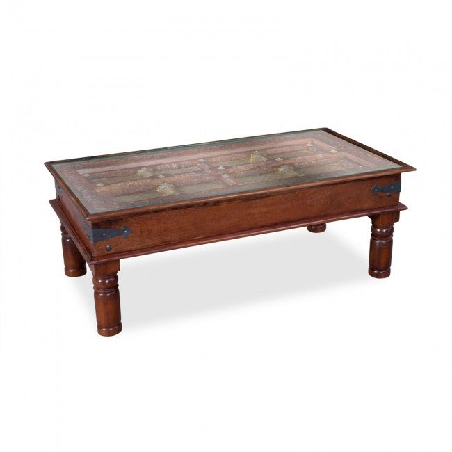 Antique Brass Embossed Solid Wood Coffee Table - Indian Golden Window Design for Living Room, Lounge & Home Decor