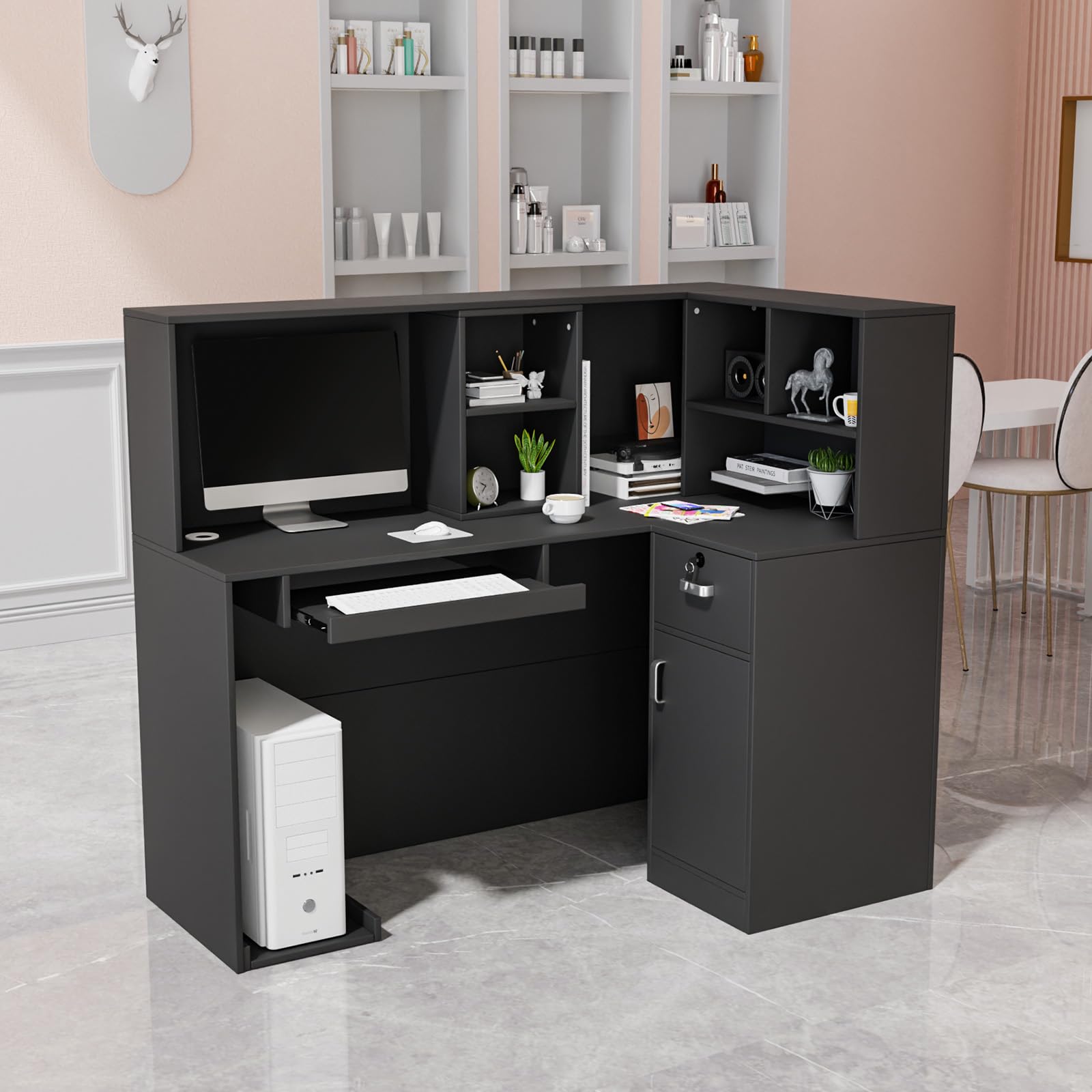 Modern L-Shaped Reception Desk with Counter - Lockable Drawers & Adjustable Shelf - Professional Office Furniture for Beauty Salon, Retail Store or Hotel Lobby - Black (55.9