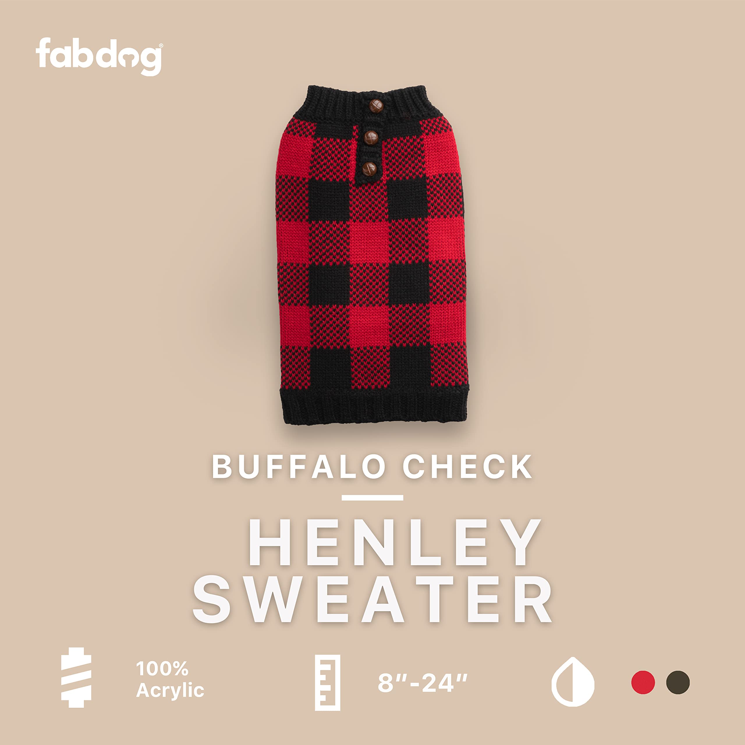 Fabdog Buffalo Check Henley Dog Sweater Vest - Warm Dog Clothes & Apparel for Small to Large Dogs (Fits 22