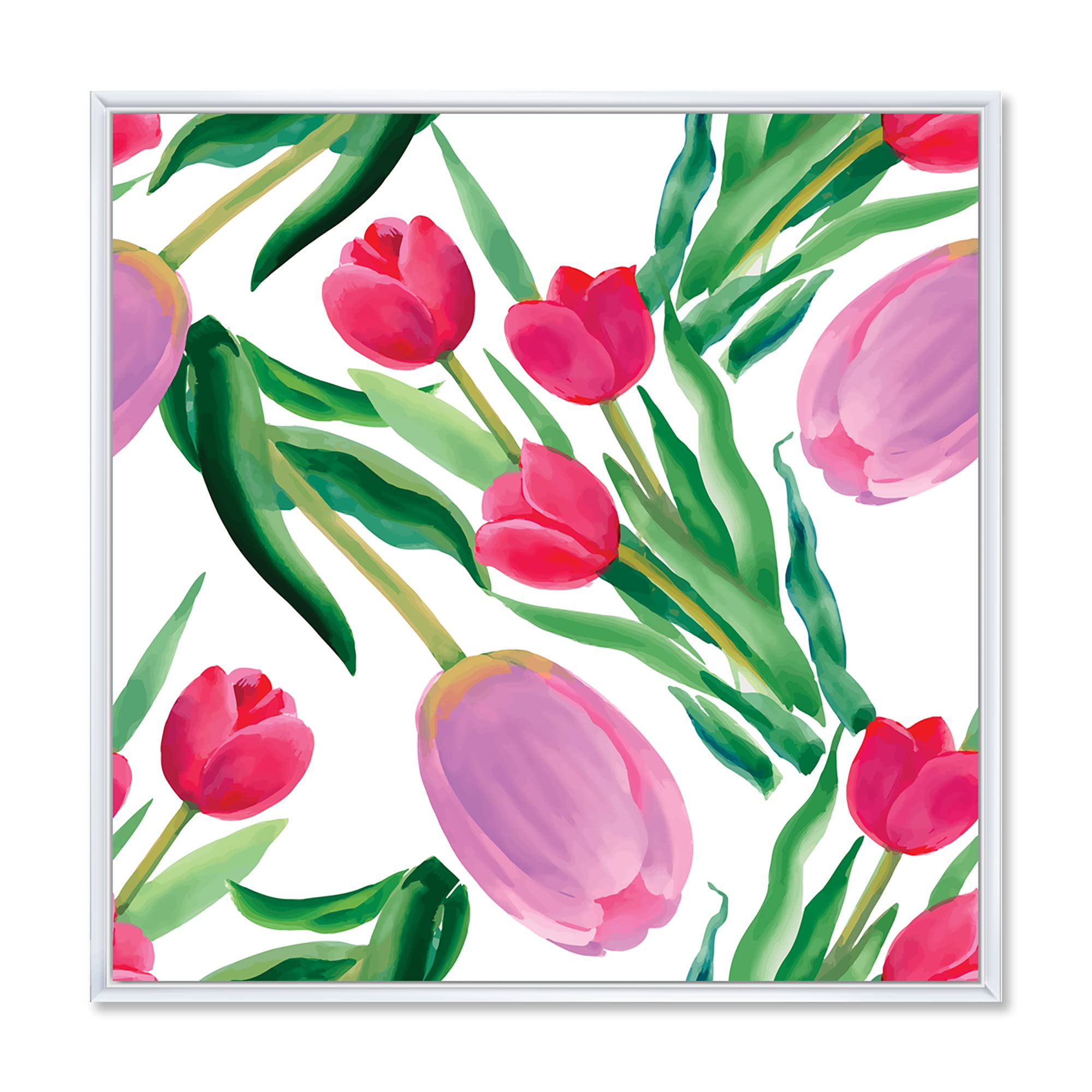 DesignQ Blooming Pink Tulips Canvas Wall Art Print - Traditional Framed Floral Painting for Living Room, Bedroom & Office Decor